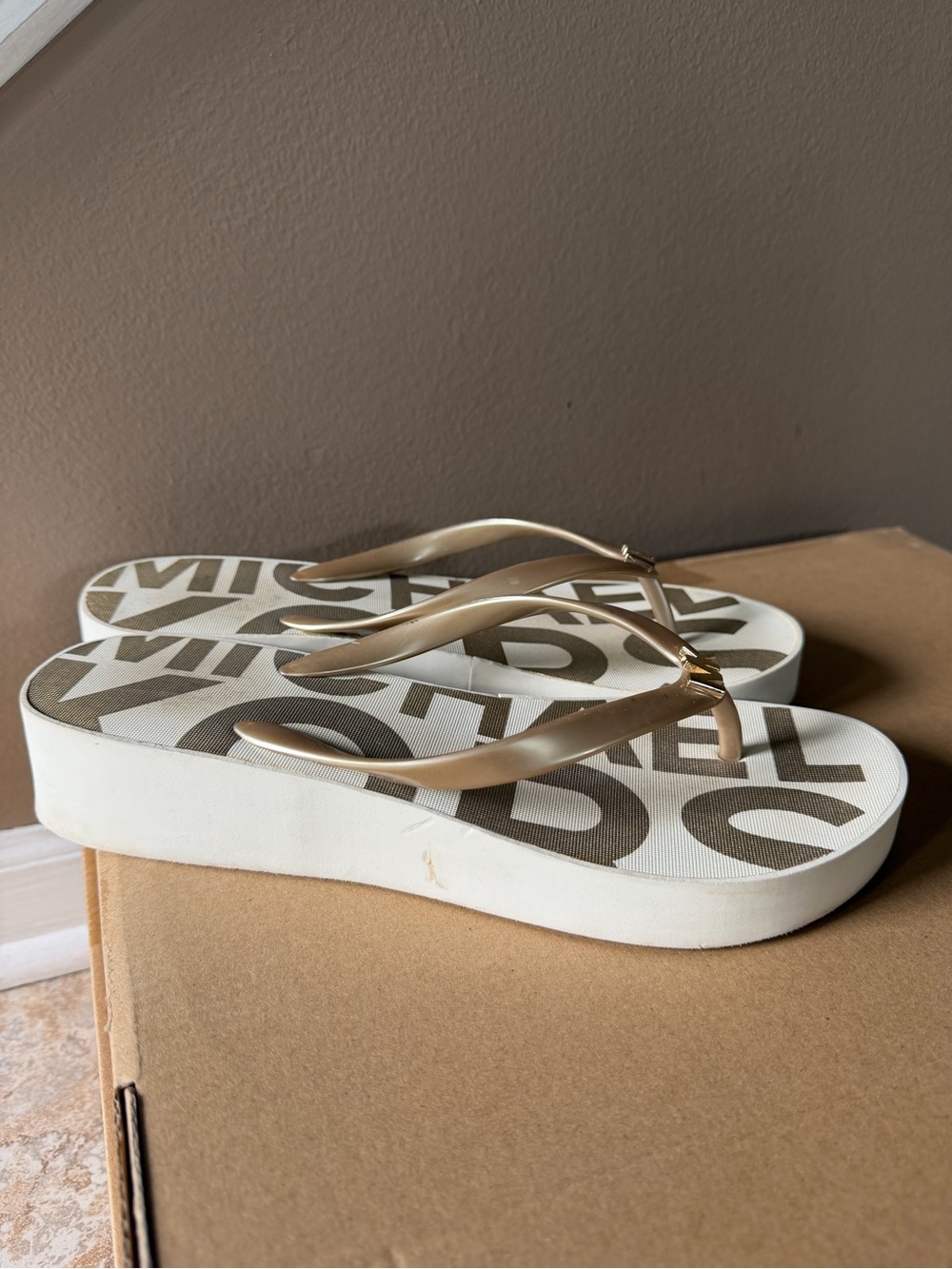 Michael Kors White Footbed with Gold Straps Platform Flip Flops